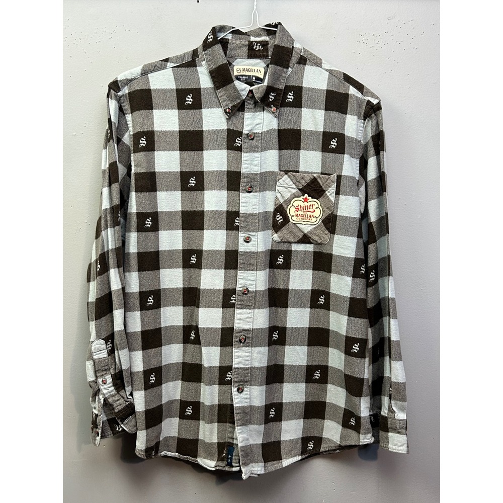 Magellan Outdoors Shirt Mens M Brown Blue Shiner Beer Flannel Buffalo Plaid Logo